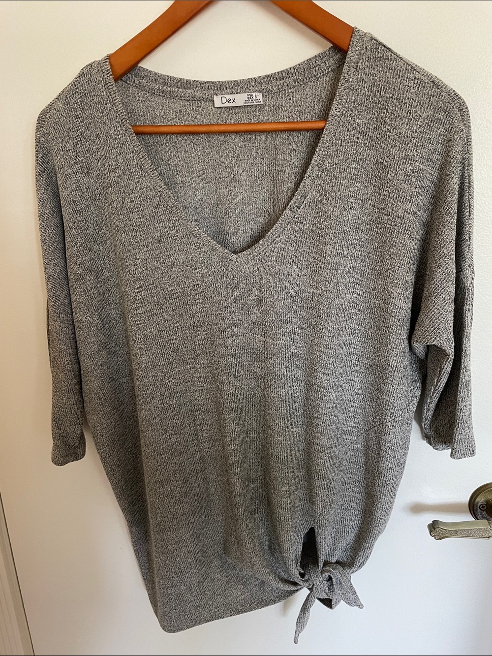 Dex Heather Gray V-Neck Knit Top with Front Tie
